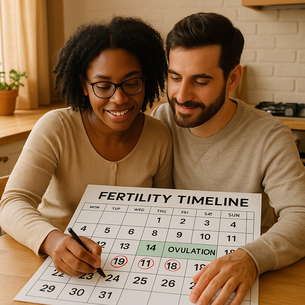 Couple reviewing fertility timeline chart