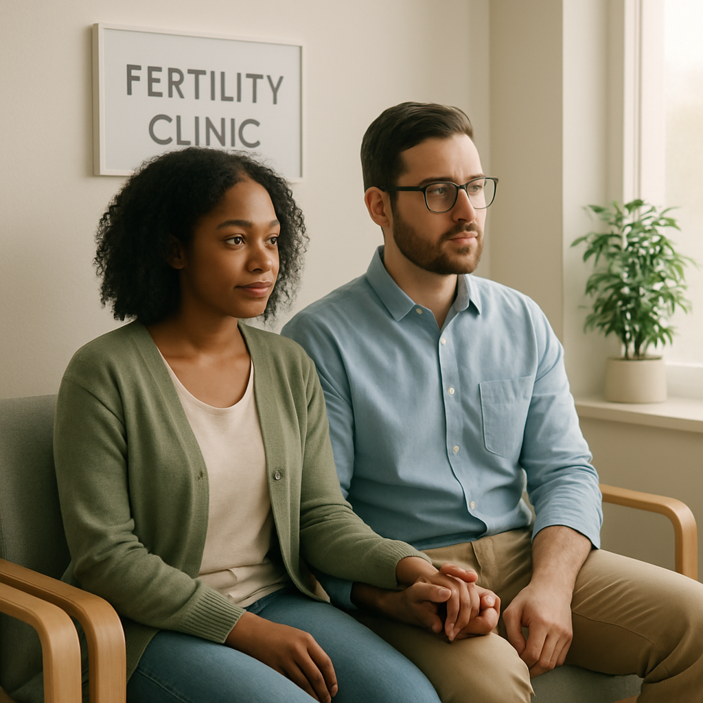 Couple holding hands in clinic
