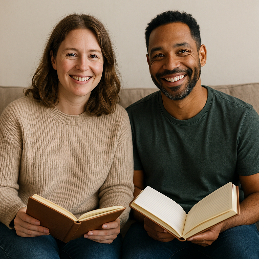 Couple journaling together on sofa