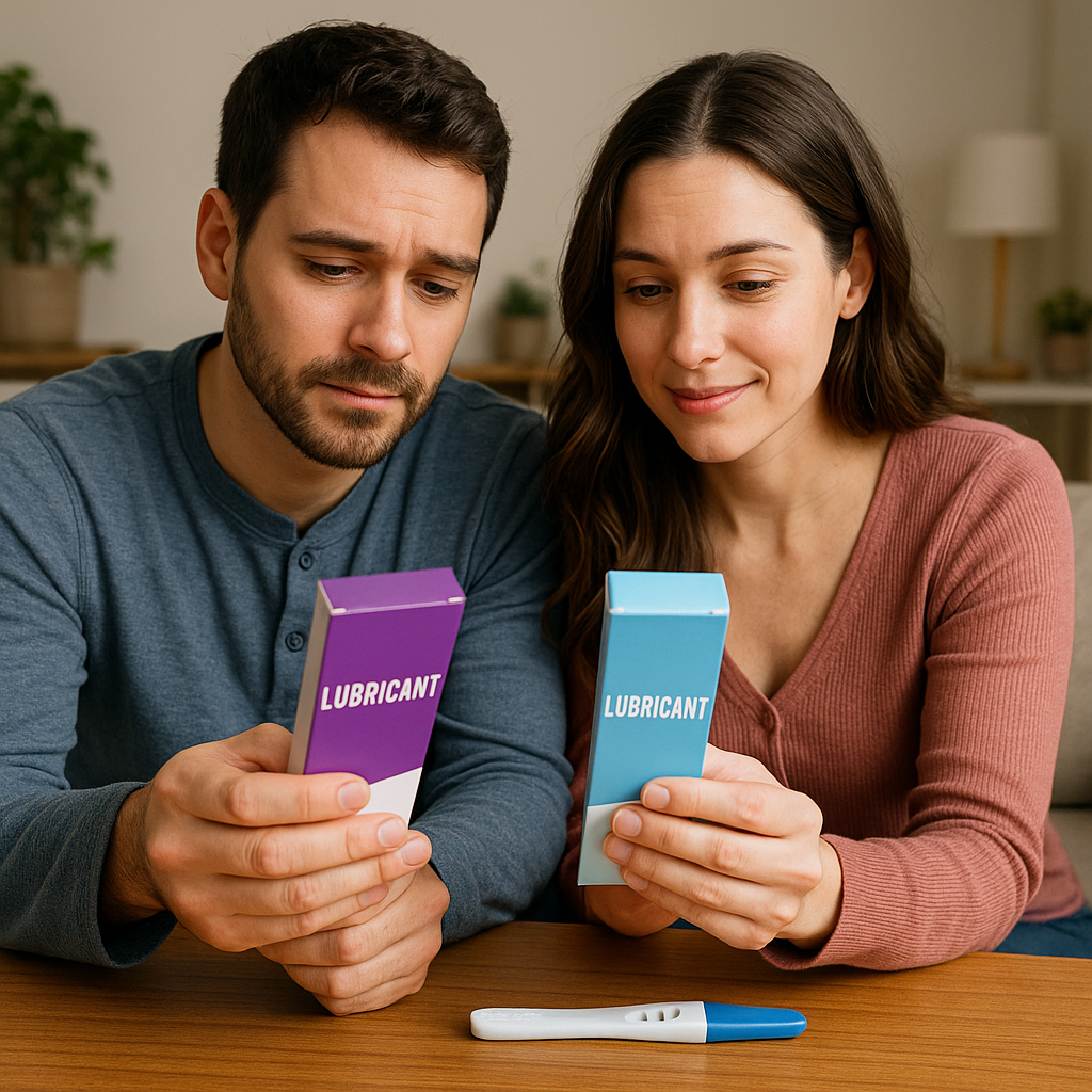 Couple comparing lubricant boxes