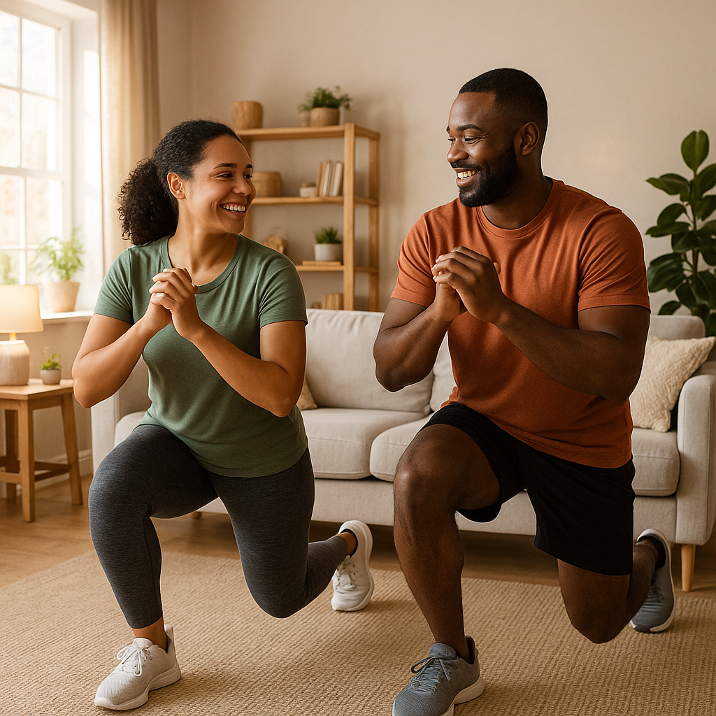 Couple doing body-weight lunges at home