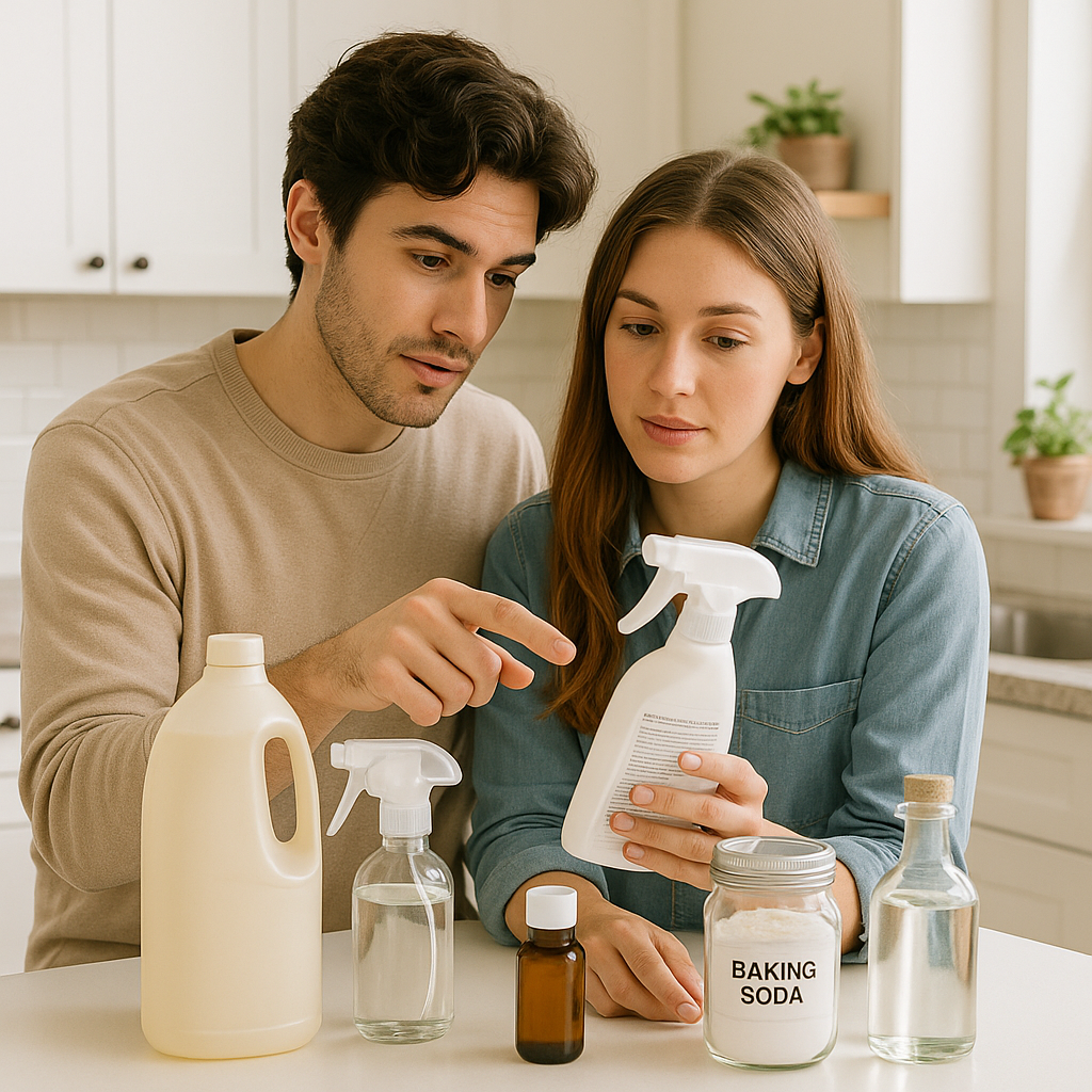 Couple reading a spray bottle label in a bright kitchen