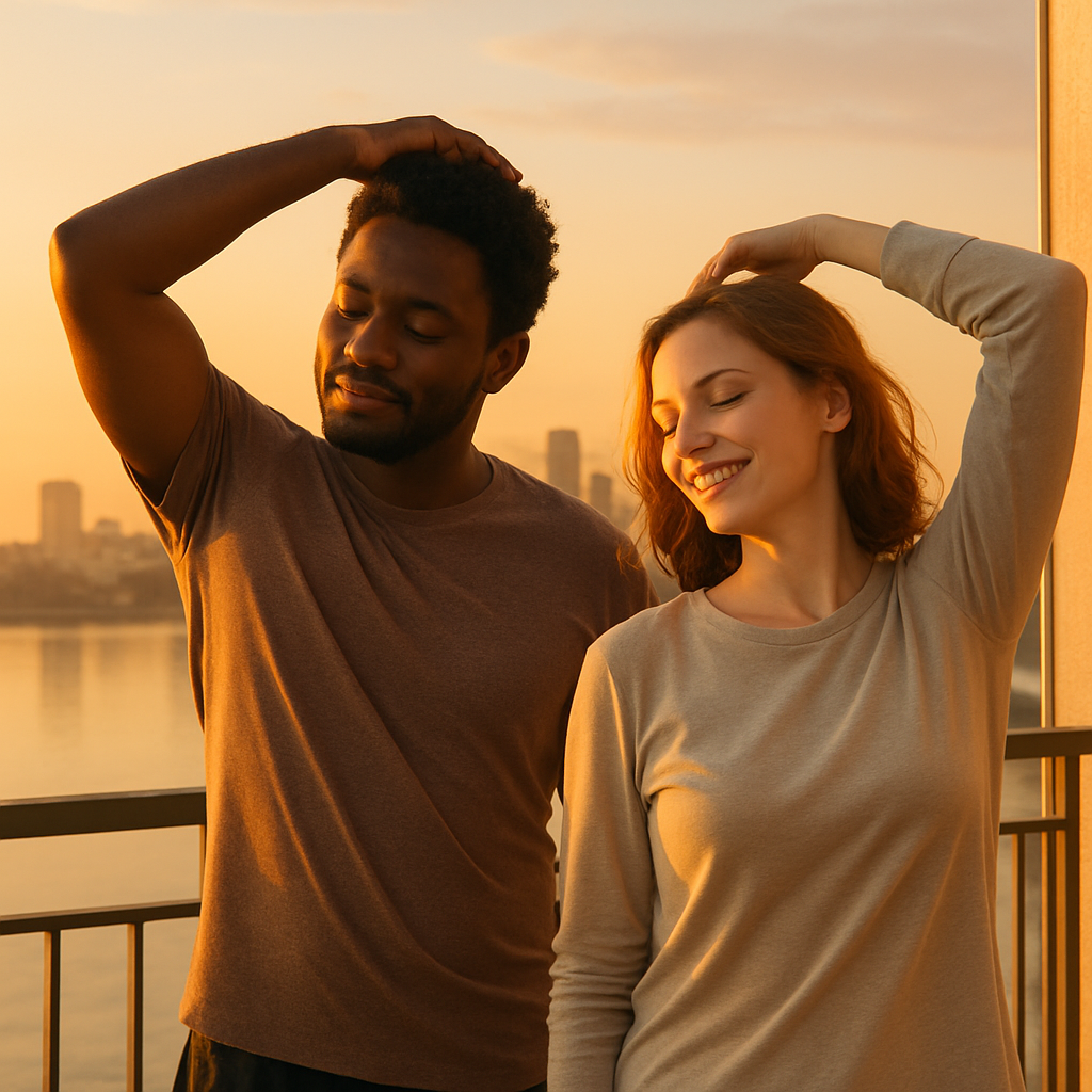 Couple stretching together on a balcony at sunrise