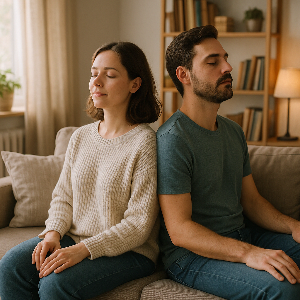 Couple seated back-to-back, eyes closed, breathing together