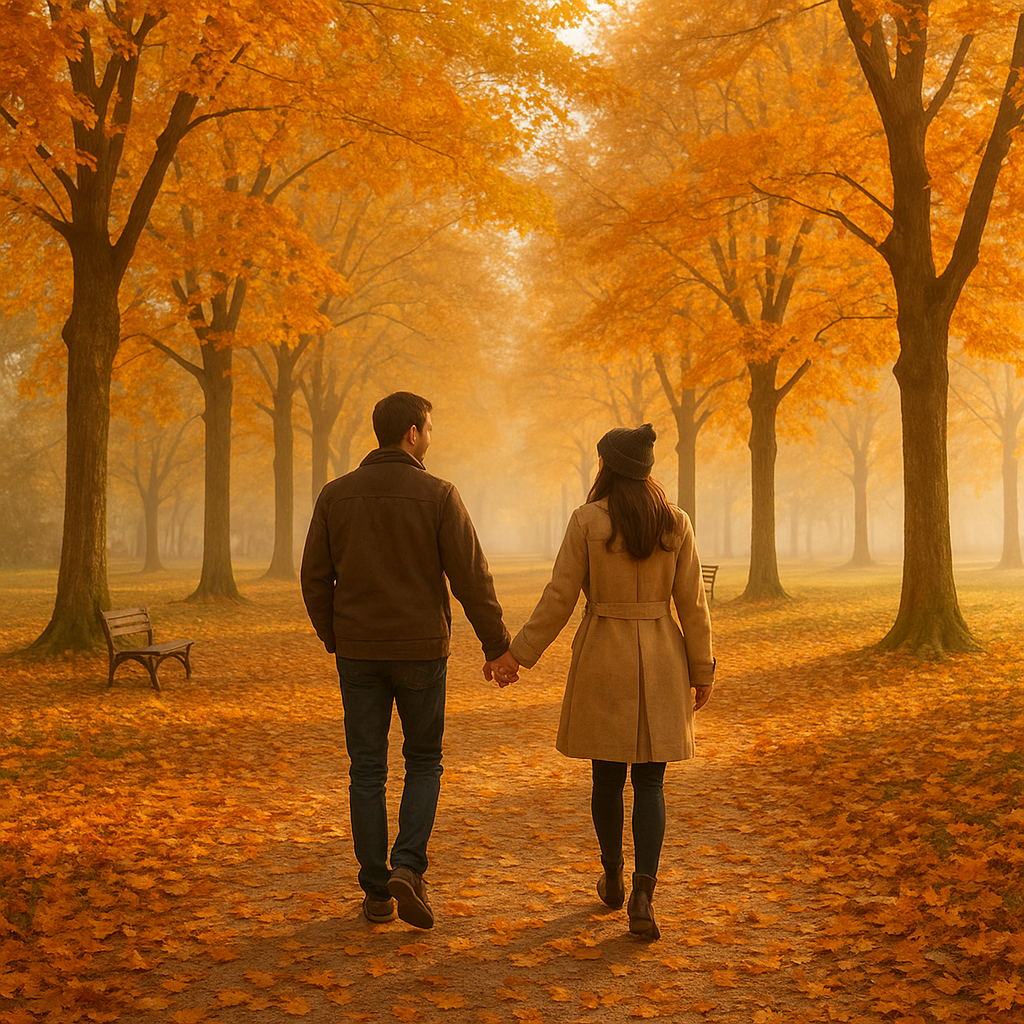 Couple walking through an autumn park holding hands