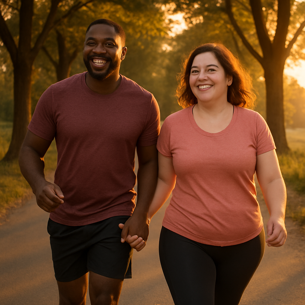 Couple power-walking at sunset