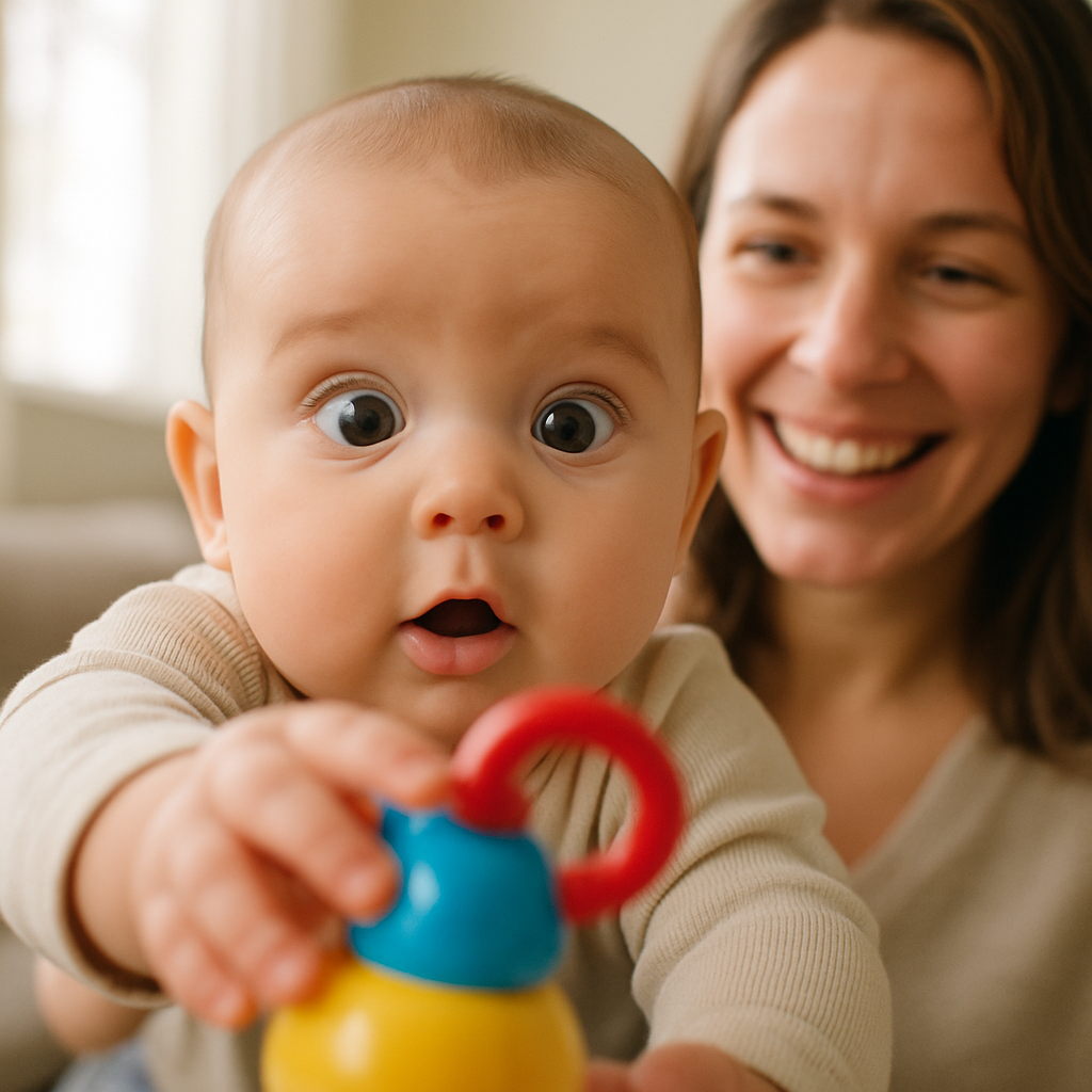 Curious baby reaching for colorful toy