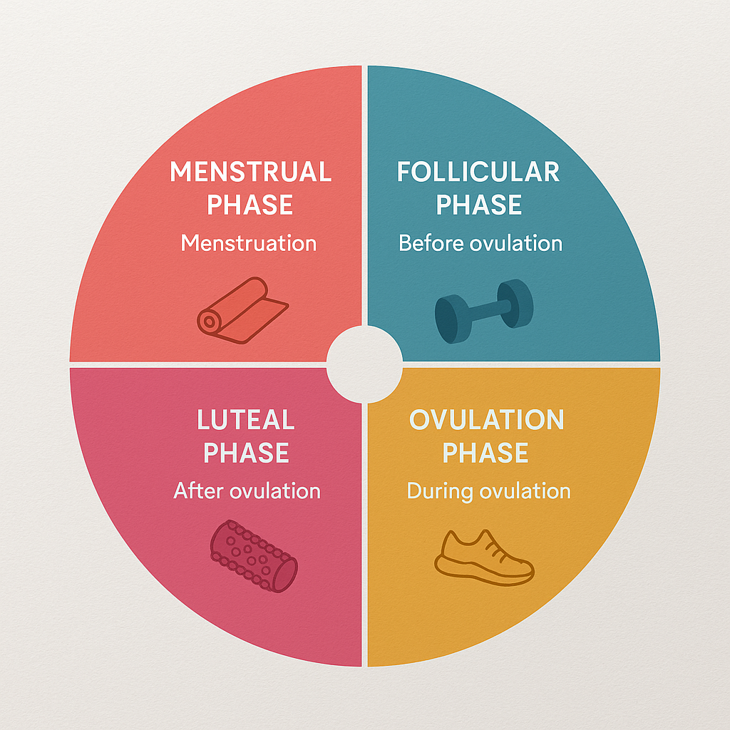 Color-coded menstrual cycle wheel with exercise icons