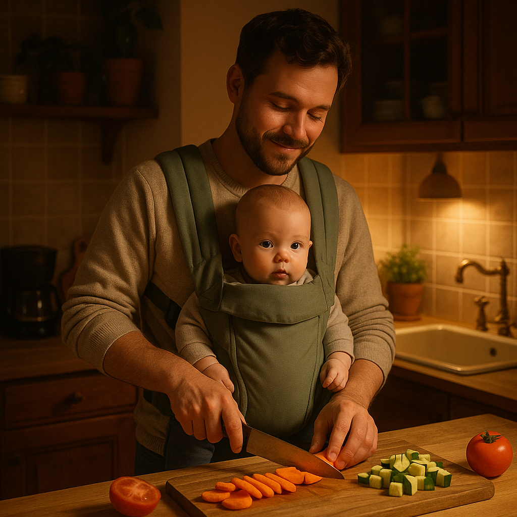Father cooking with baby in carrier