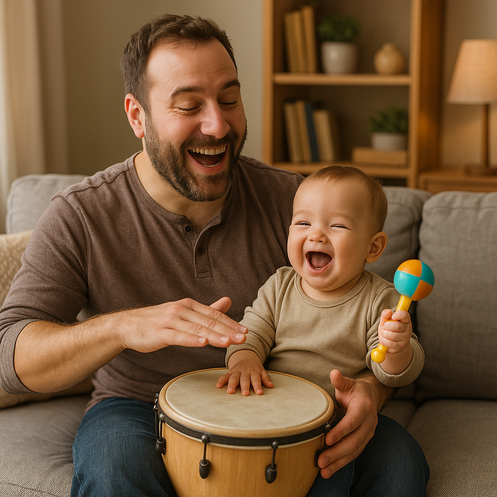 Dad drumming with baby on knees