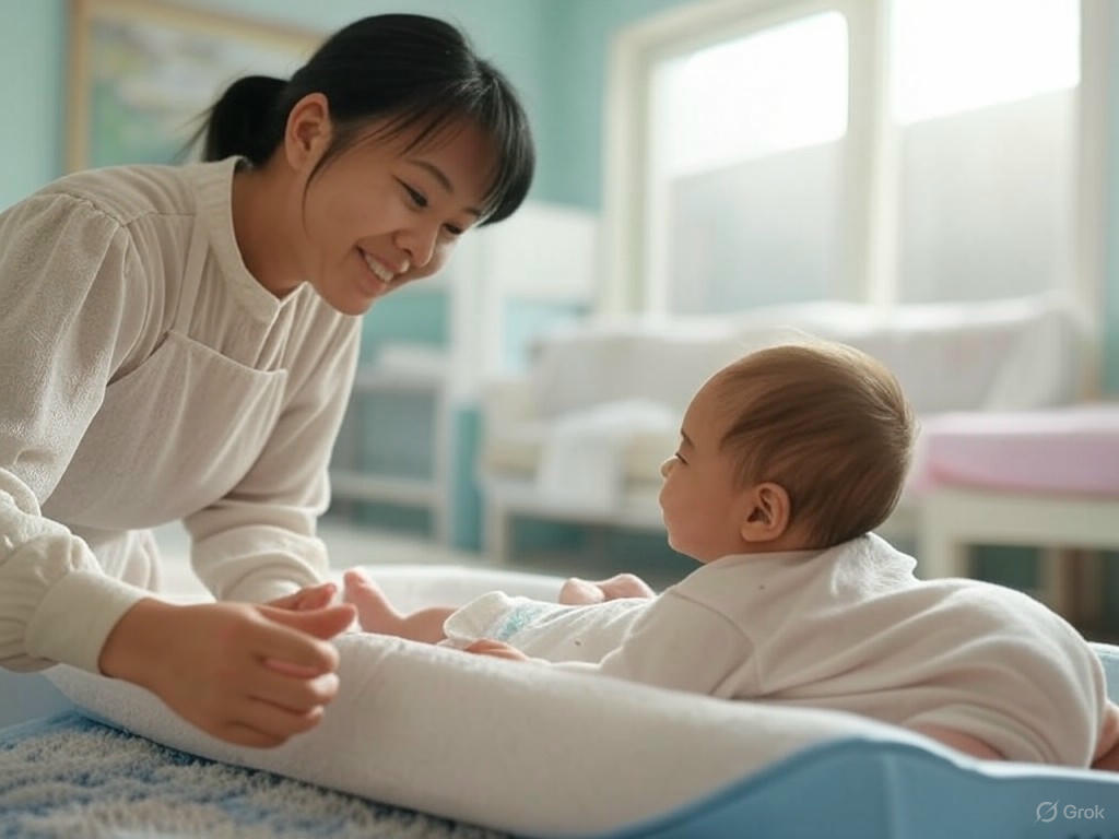 Parent chatting during diaper change
