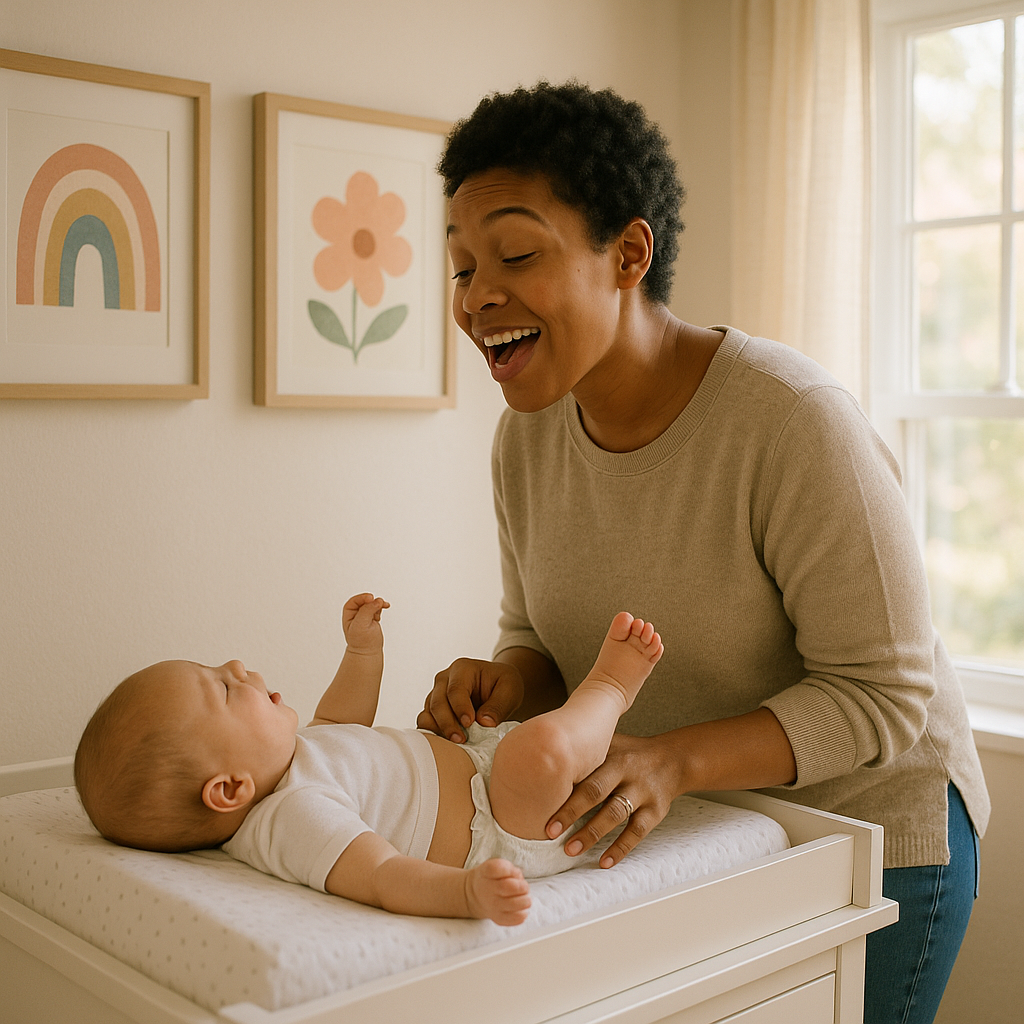 Parent singing to infant during diaper change
