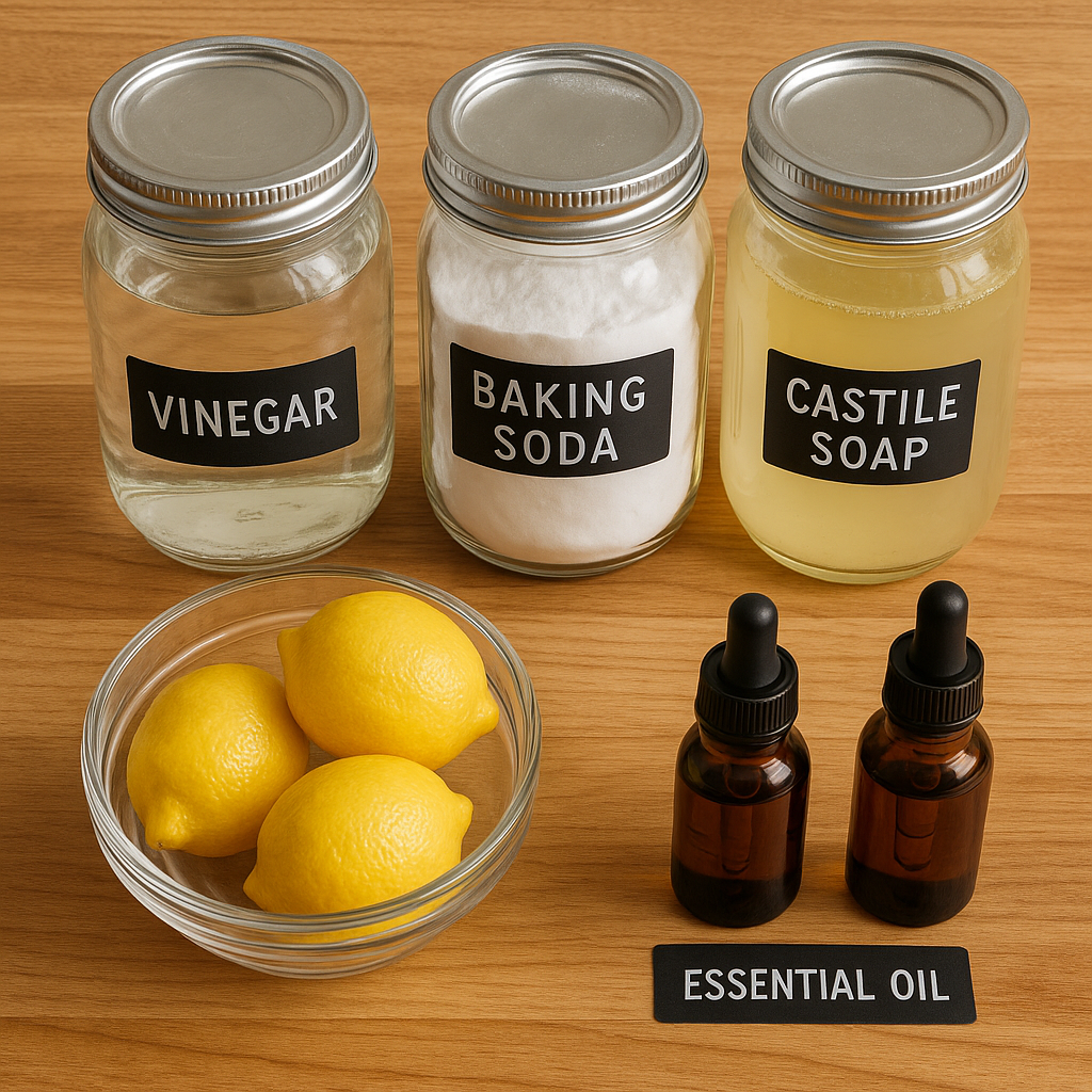 Labeled glass jars with DIY cleaner staples