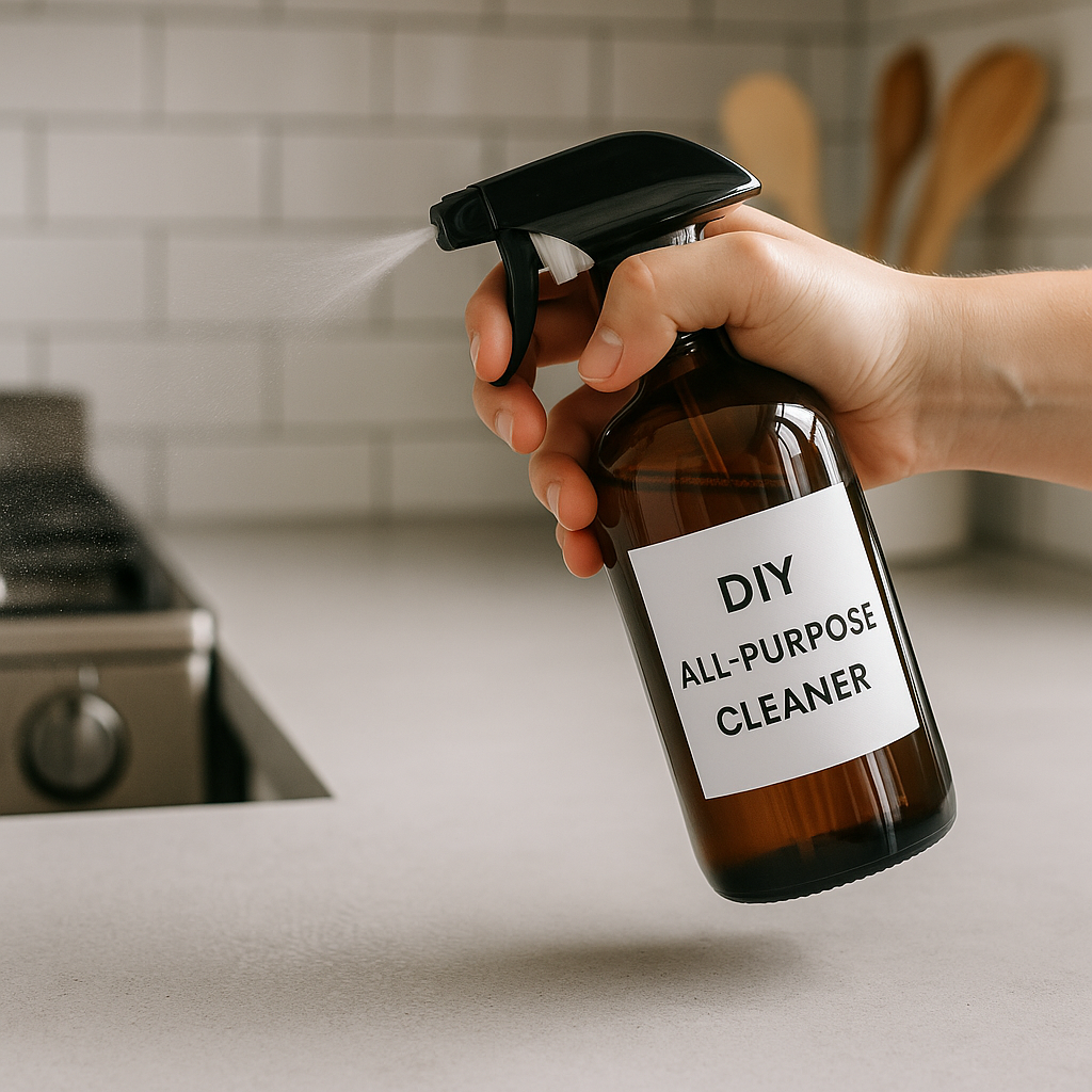 Spraying homemade cleaner on countertop
