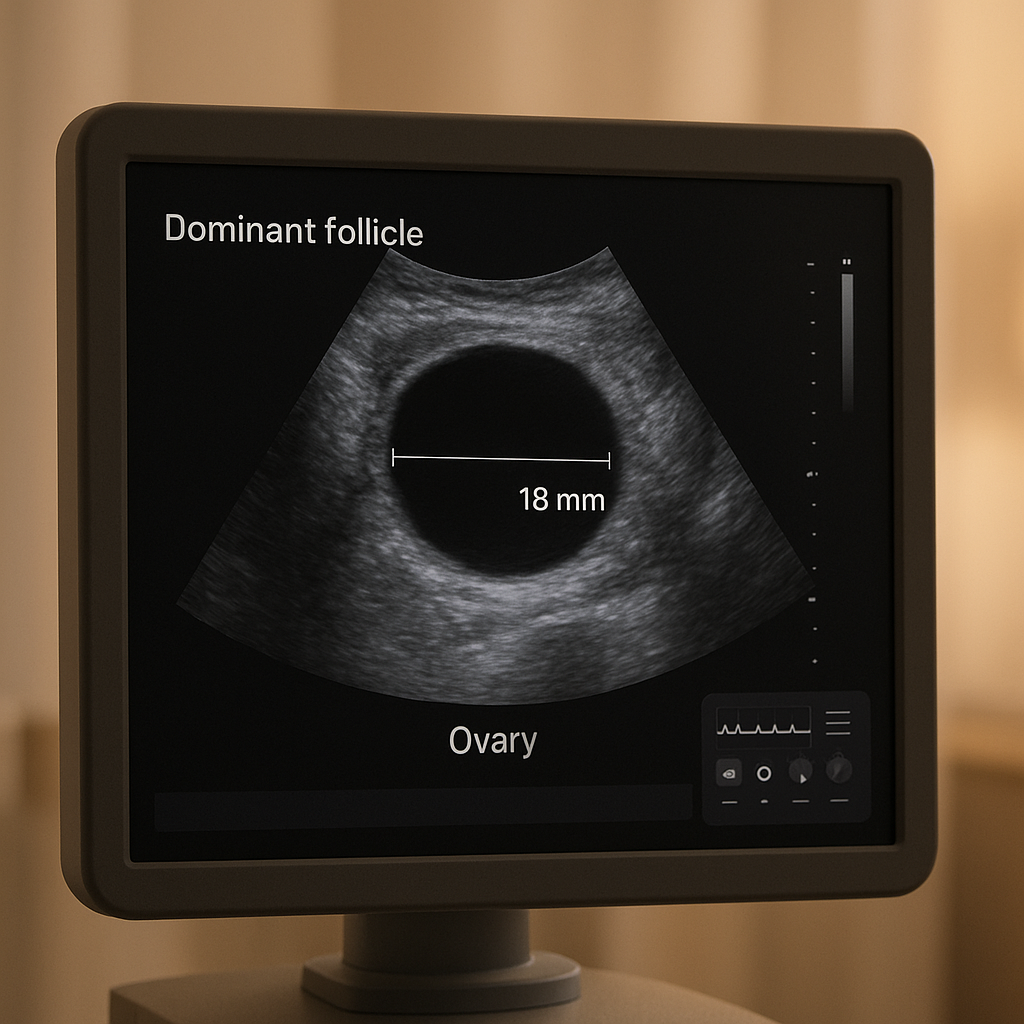 Ultrasound showing an 18 mm follicle on cycle day 12