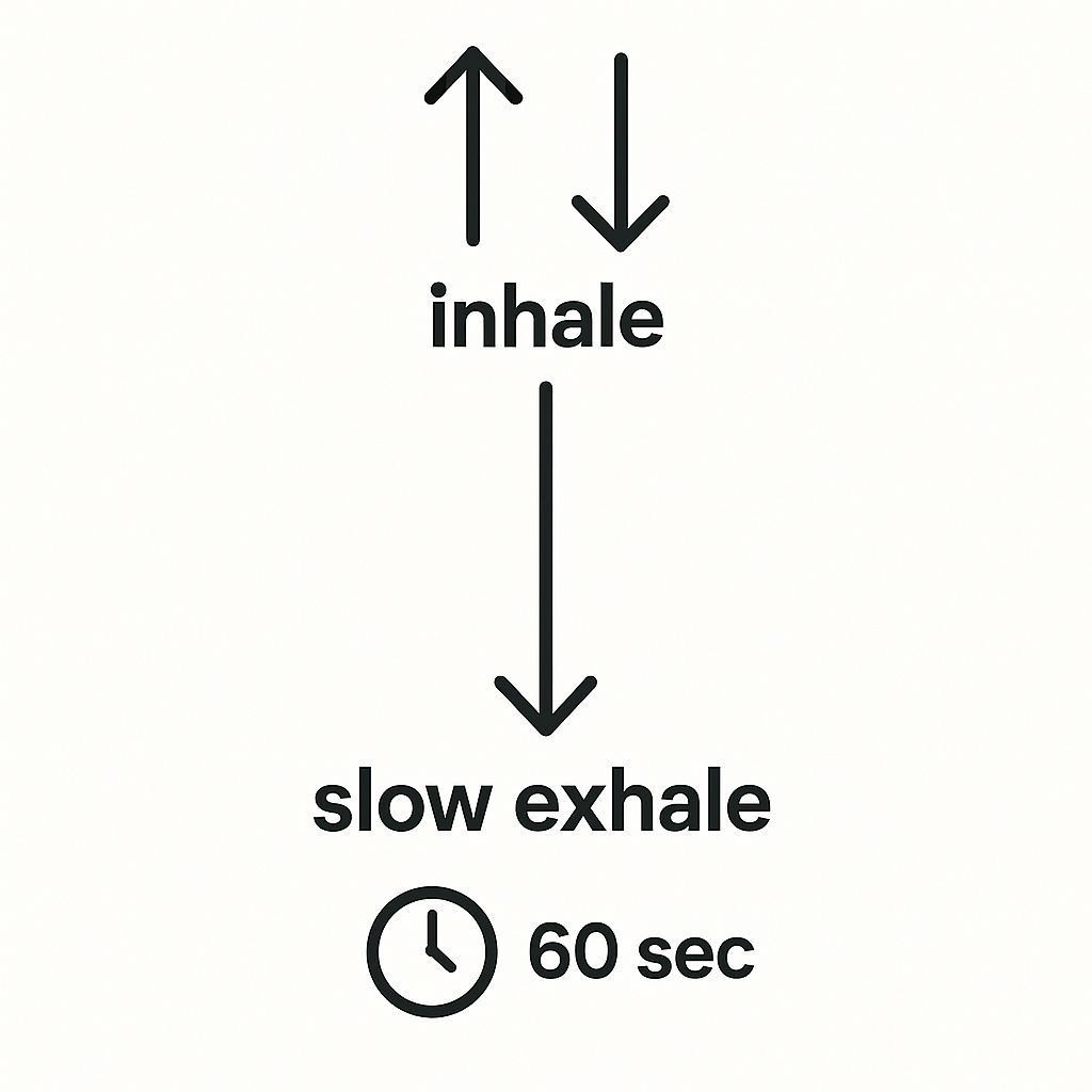 Minimalist graphic of two short upward arrows labeled “Inhale 1” and “Inhale 2” above one long downward arrow labeled “Slow Exhale,” with a small 60-second timer