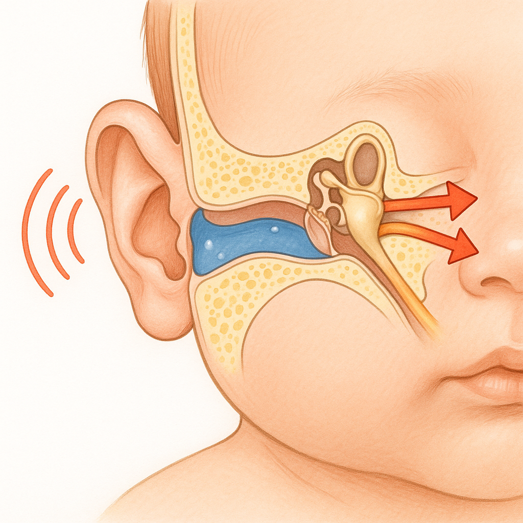 Cross-section of baby ear showing fluid dampening sound waves