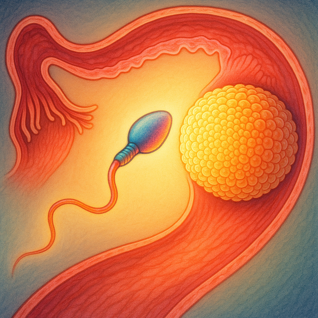 Sperm approaching an egg inside a fallopian tube