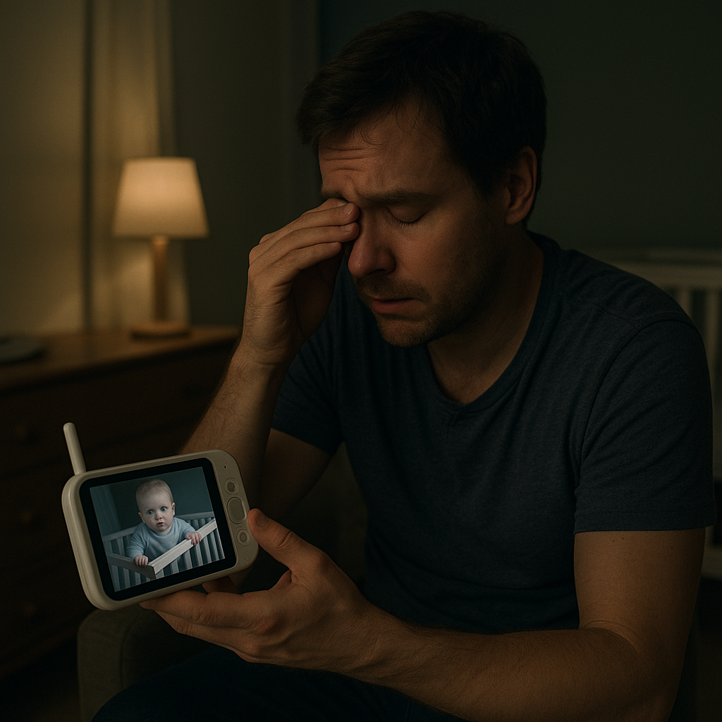 Exhausted parent checking baby monitor
