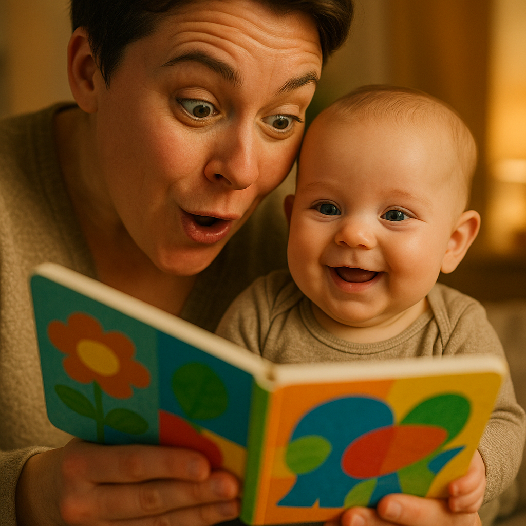 Parent reading expressively to attentive infant