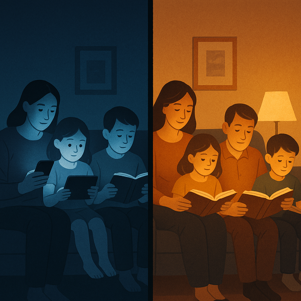 Family under blue glow vs. warm lamplight
