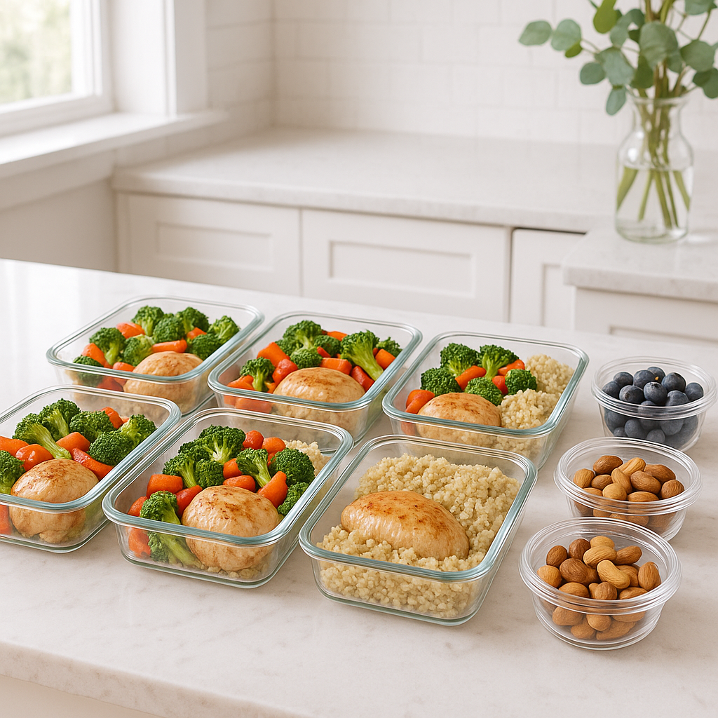 Countertop with labeled glass meal-prep containers showing balanced portions