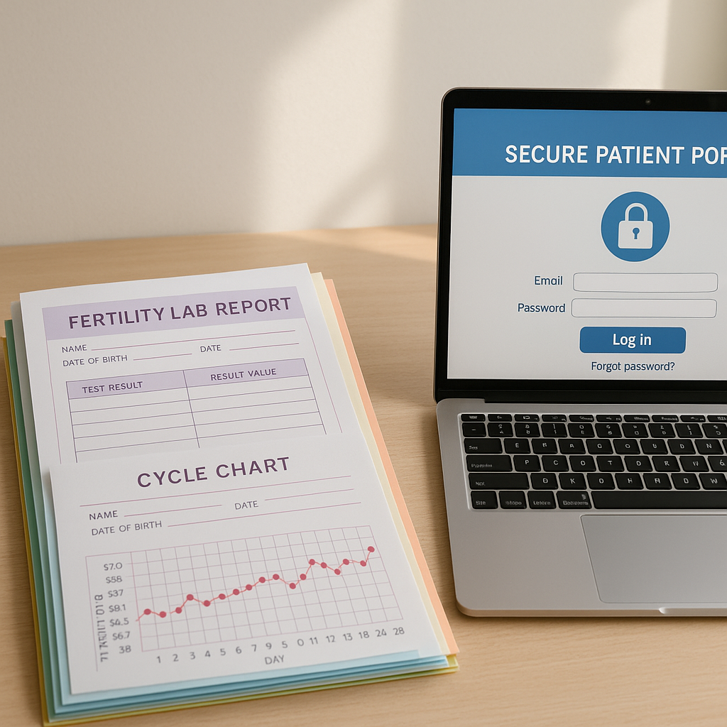 Stack of color-coded lab reports beside a laptop open to a patient portal