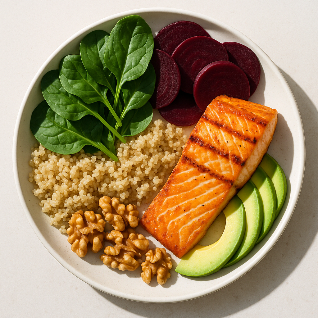 Balanced plate with salmon, spinach, beet slices, avocado, and walnuts