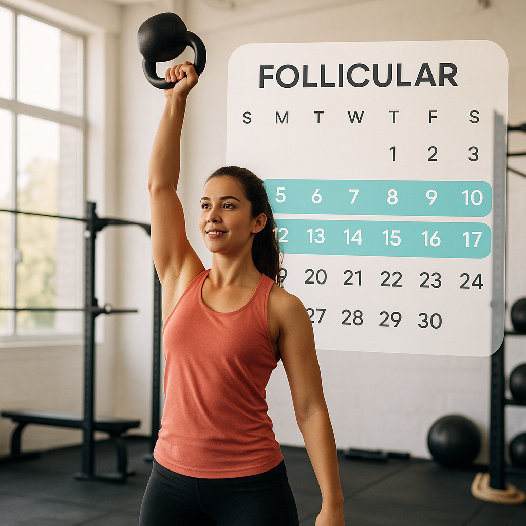 Woman lifting weights with highlighted follicular days
