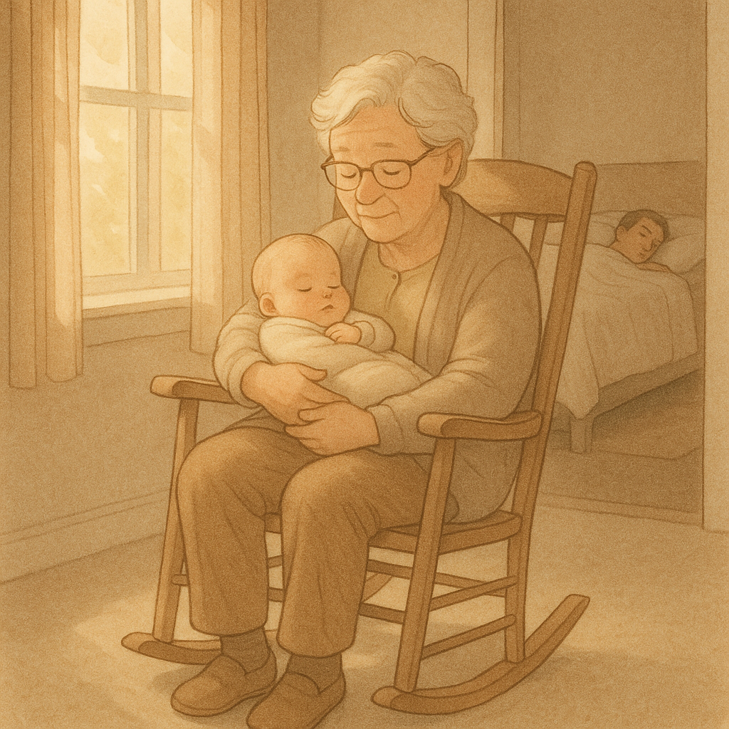 Grandparent holding baby at dawn