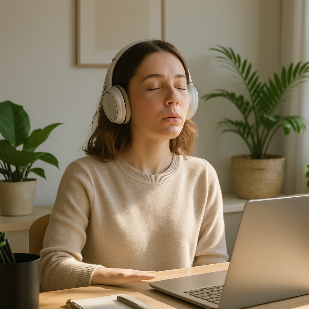 Woman in headphones breathing deeply at laptop