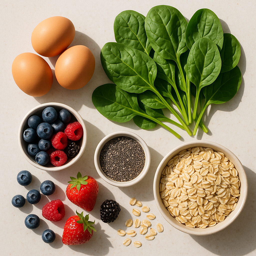 Fertility-friendly breakfast ingredients: eggs, spinach, berries, chia, oats