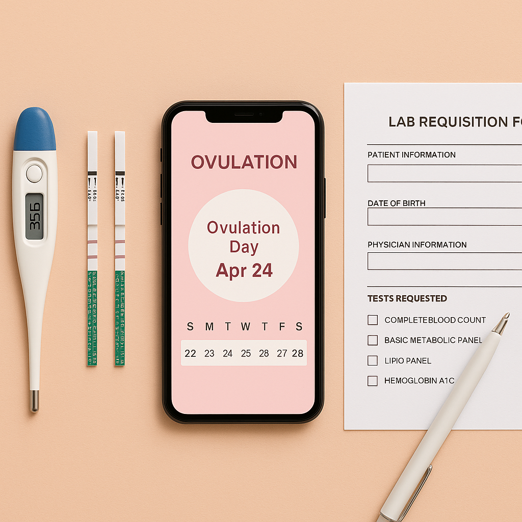 Flat lay of thermometer, ovulation strips, smartphone app, and lab form