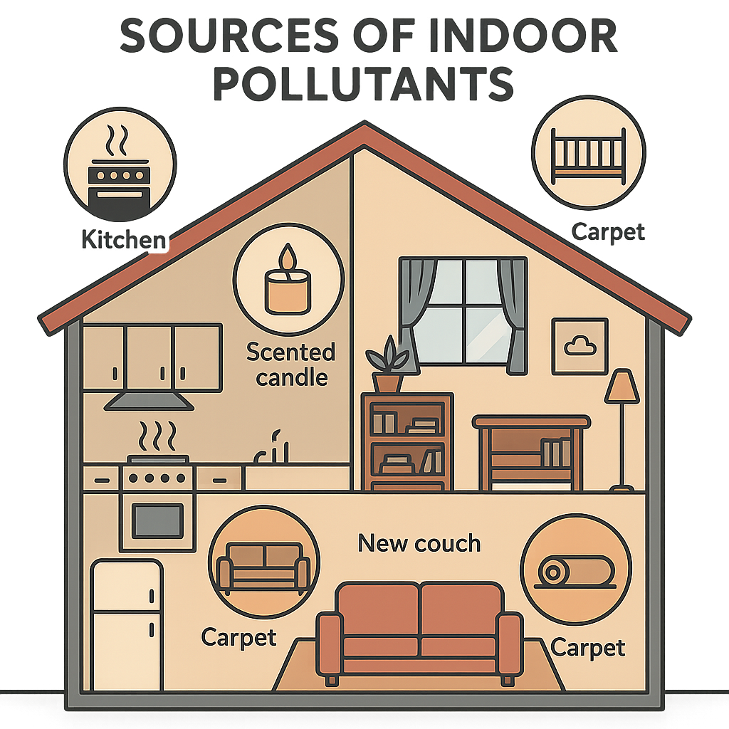 Cross-section of a family home pinpointing pollutant hotspots