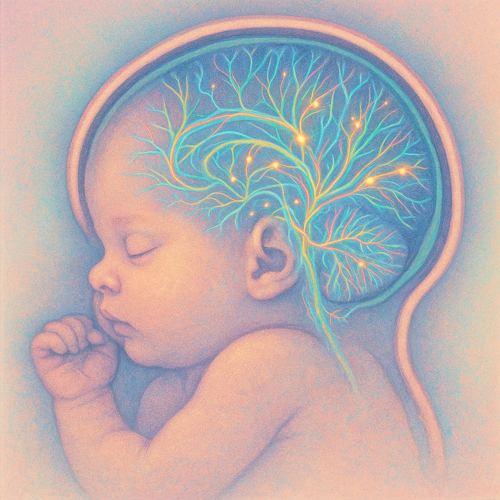 Colorized MRI of infant brain highlighting active neural pathways during sleep