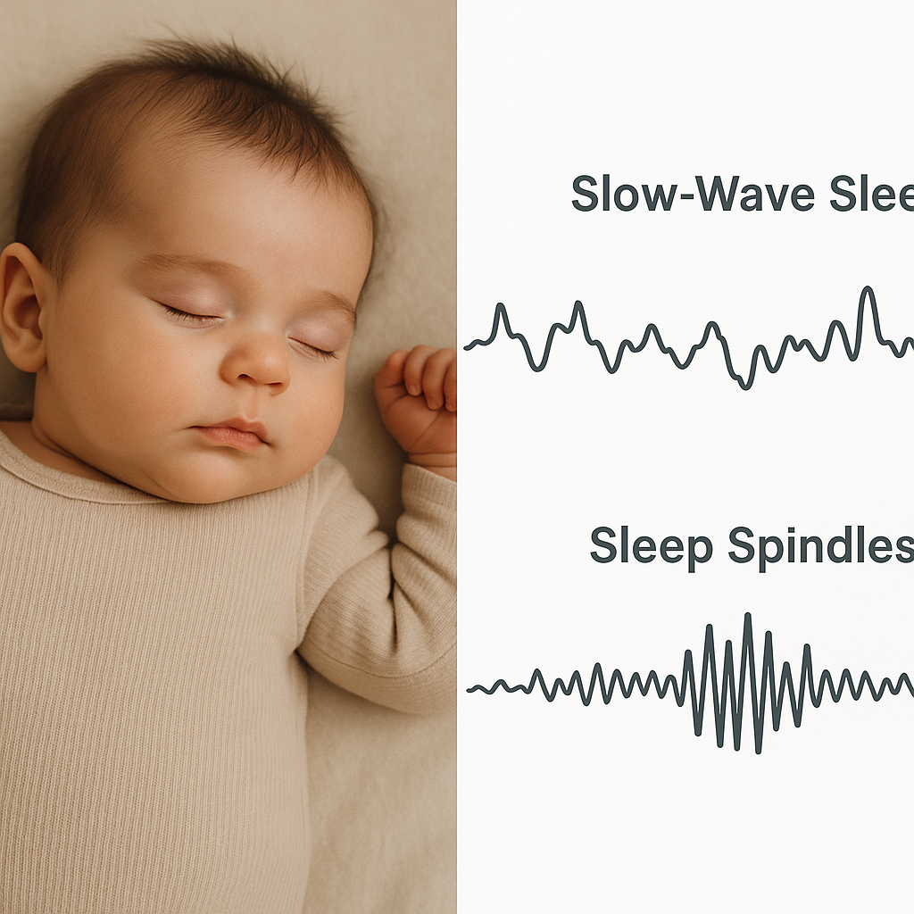 Split-screen showing infant and brain waves