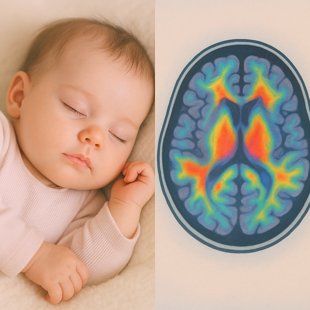 Split-screen MRI overlay of sleeping infant