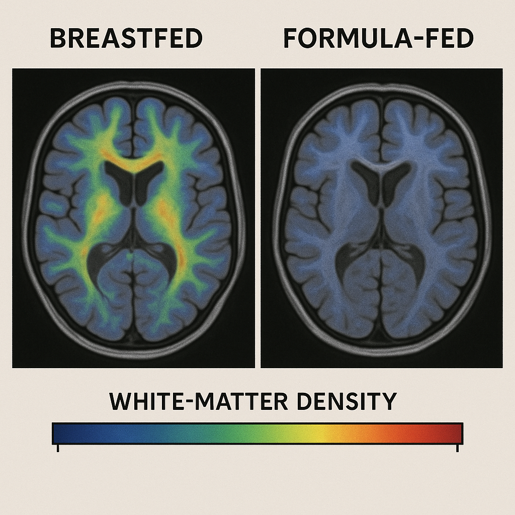 Side-by-side brain MRI with denser white matter in a breastfed toddler