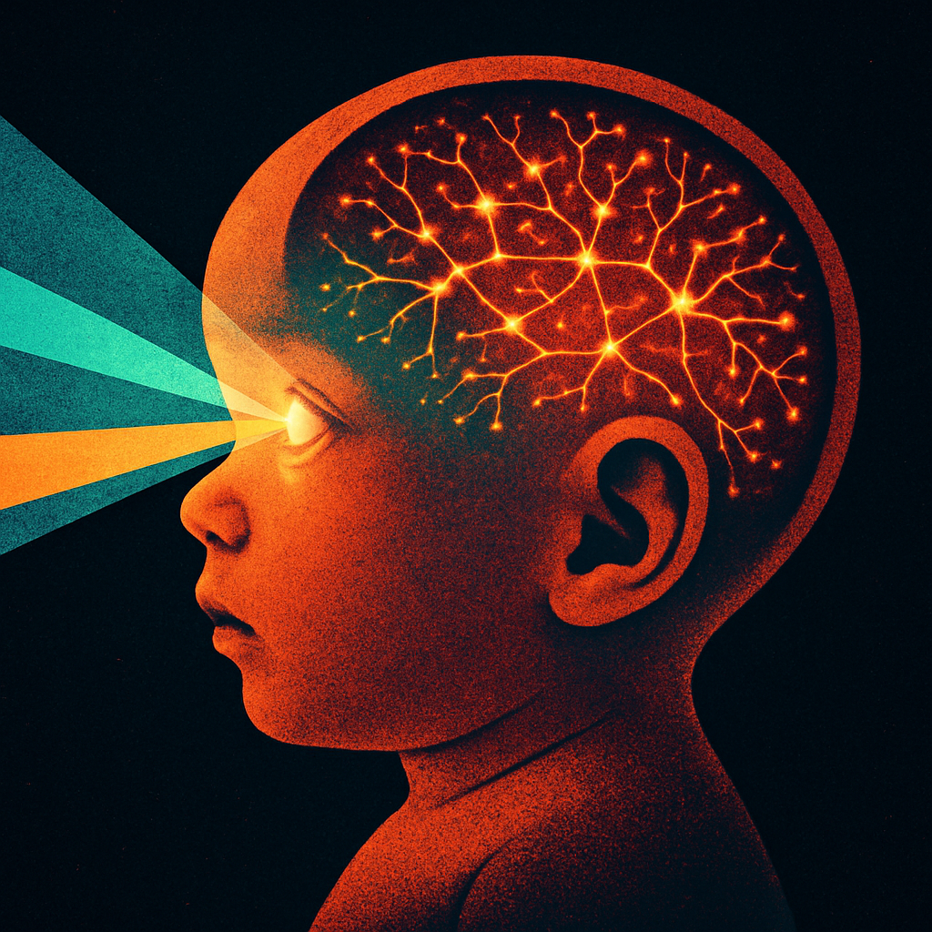 Infant brain glowing with colorful pathways fed by light and sound