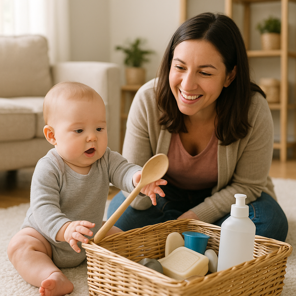 Infant selecting toys from a basket