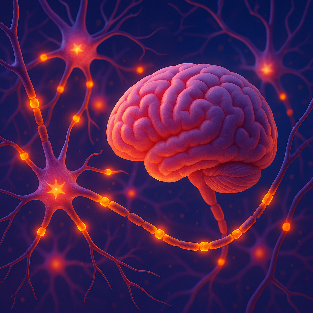 Colorful 3-D illustration of infant neurons lit by iron atoms