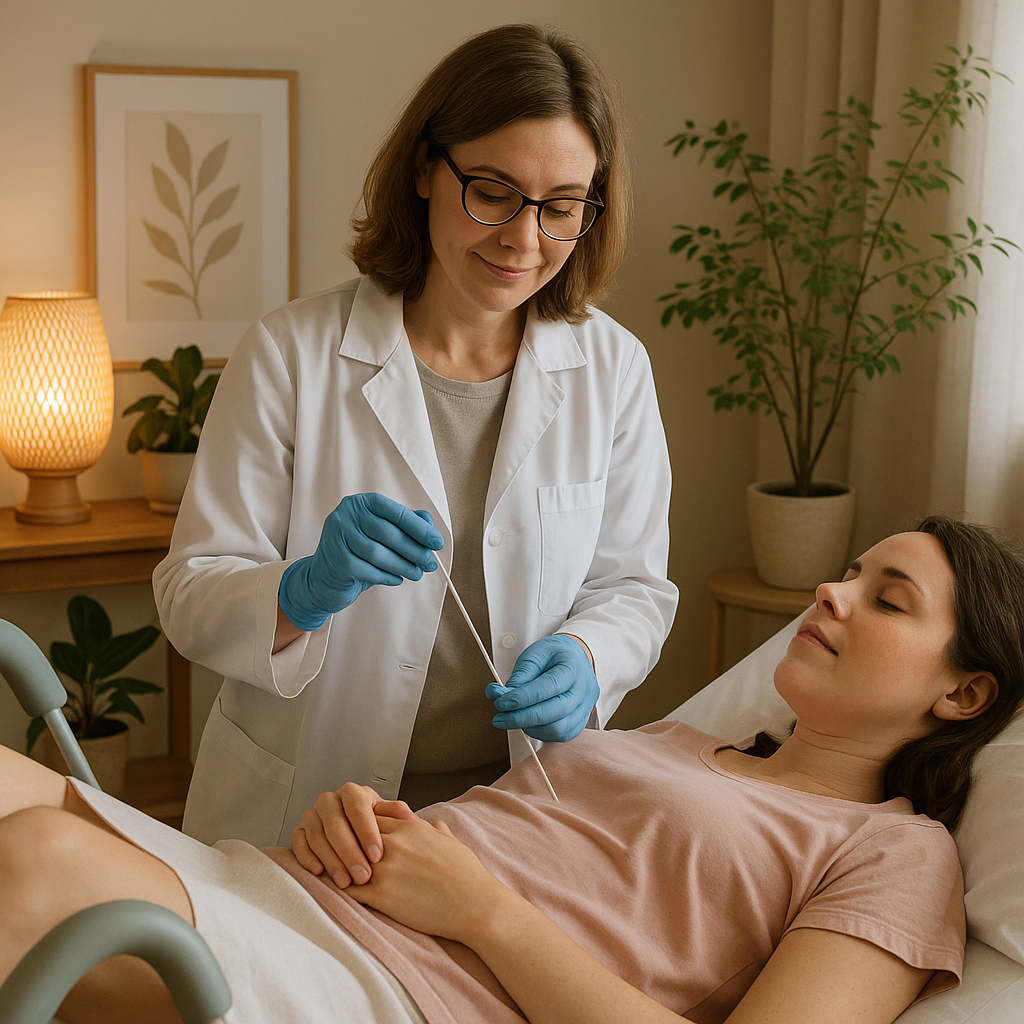 Nurse inserting catheter for IUI