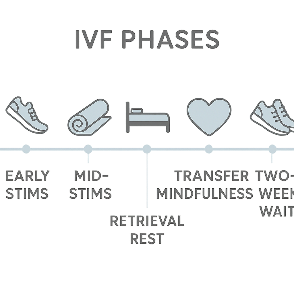 Infographic of IVF phases with matching icons for walking, yoga, and rest