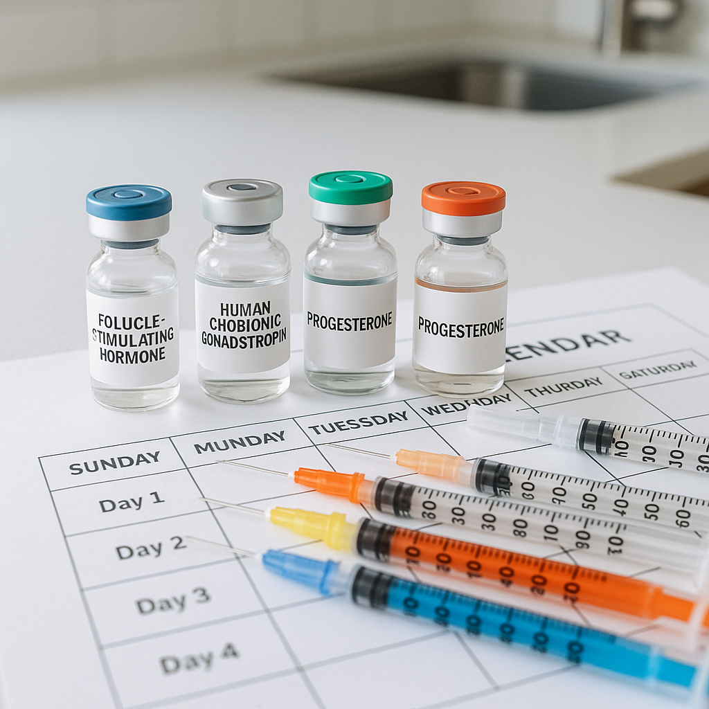 IVF medication vials and syringes neatly organized on a countertop
