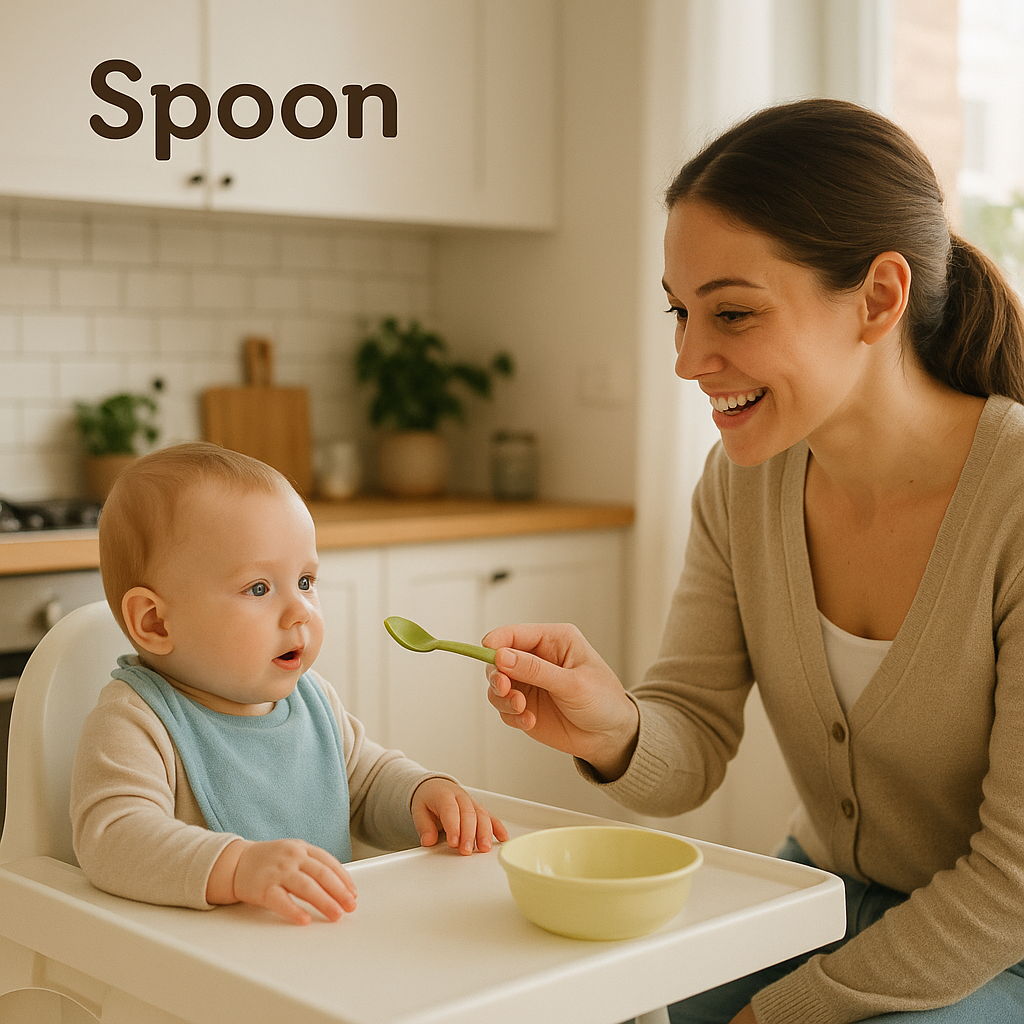 Caregiver saying “spoon” while handing it to baby in high chair
