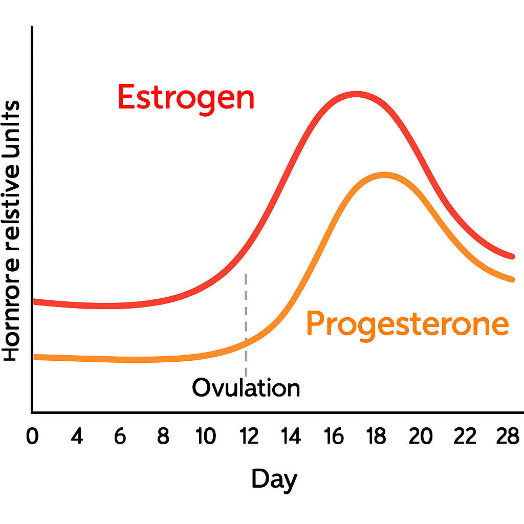 Simplified estrogen and progesterone curve across a 28-day cycle