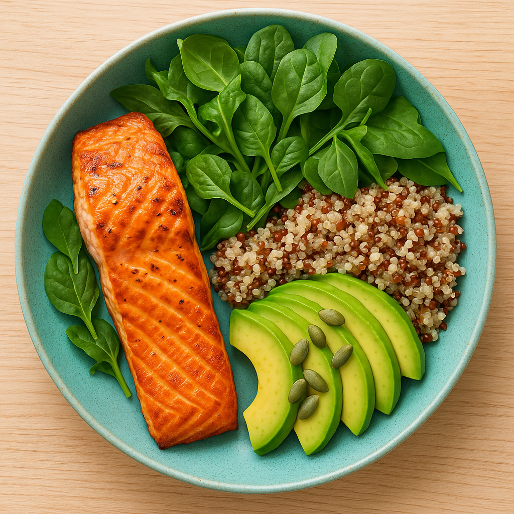Balanced luteal-phase meal with salmon, greens, and seeds