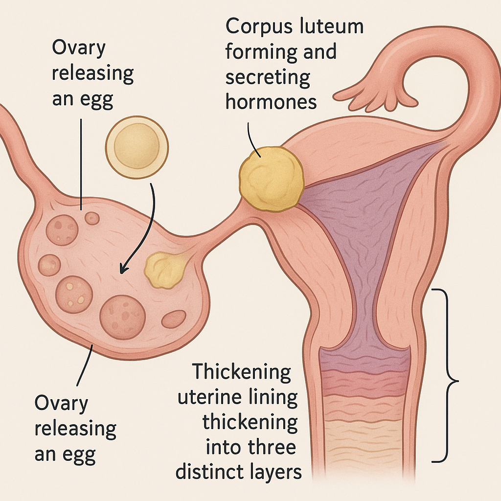 Layered illustration of corpus luteum and thickening uterine lining