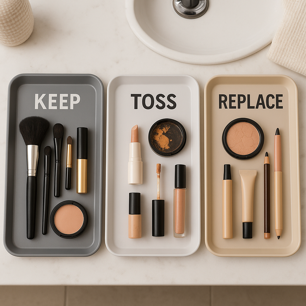 Makeup piles labeled keep, toss, replace