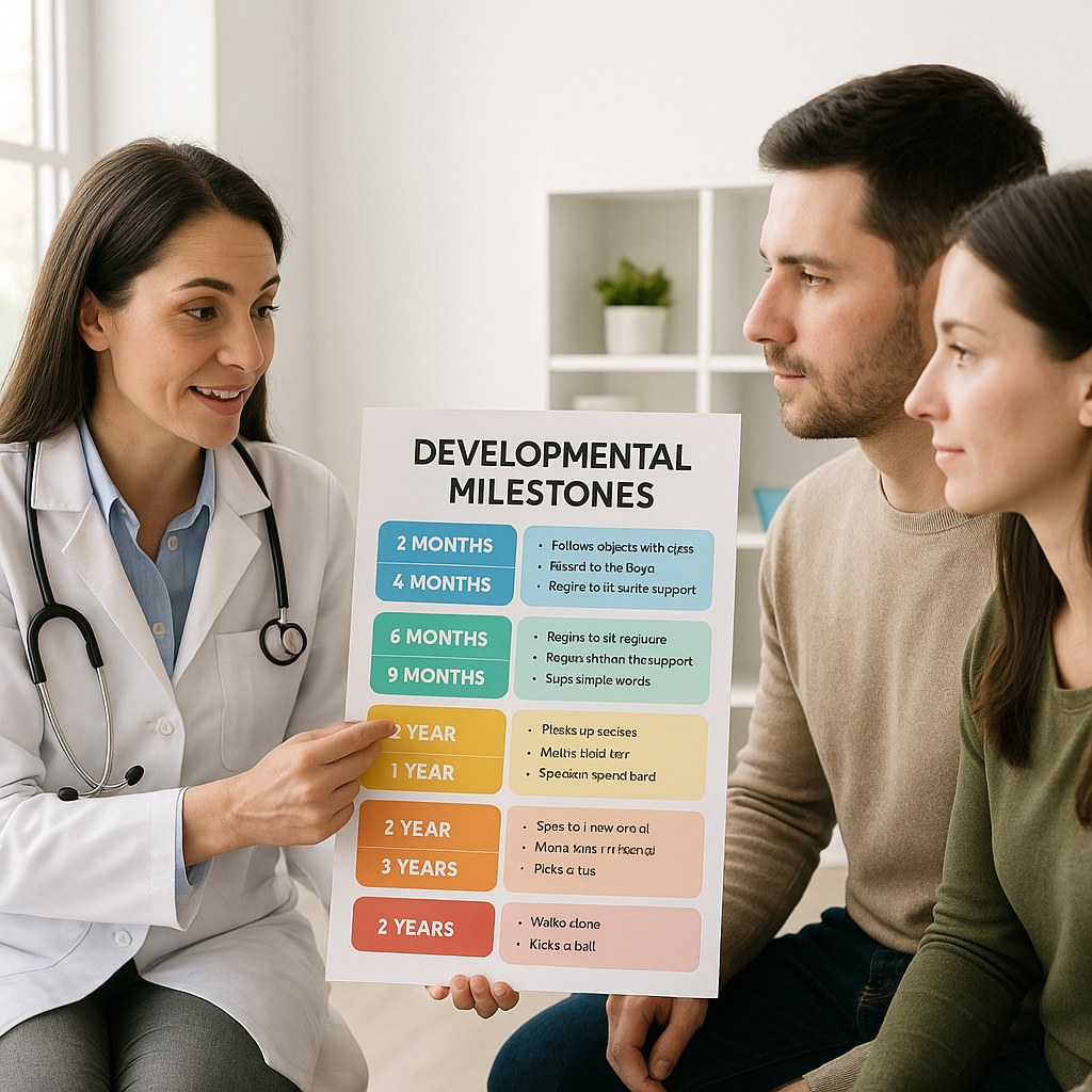 Pediatrician reviewing a colorful milestone chart with parents